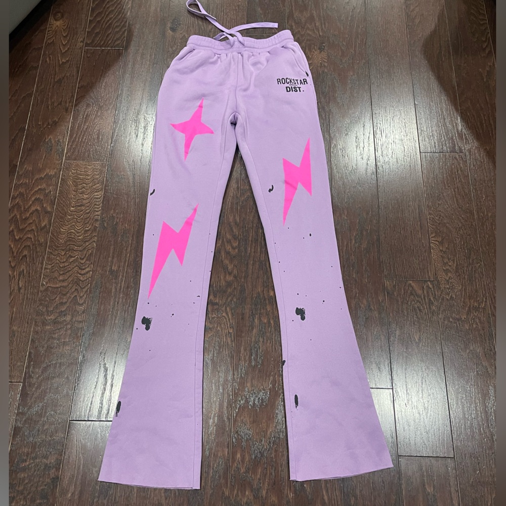 Rockstar Dist. Women's Lavender Track Pants with Pink Lightning